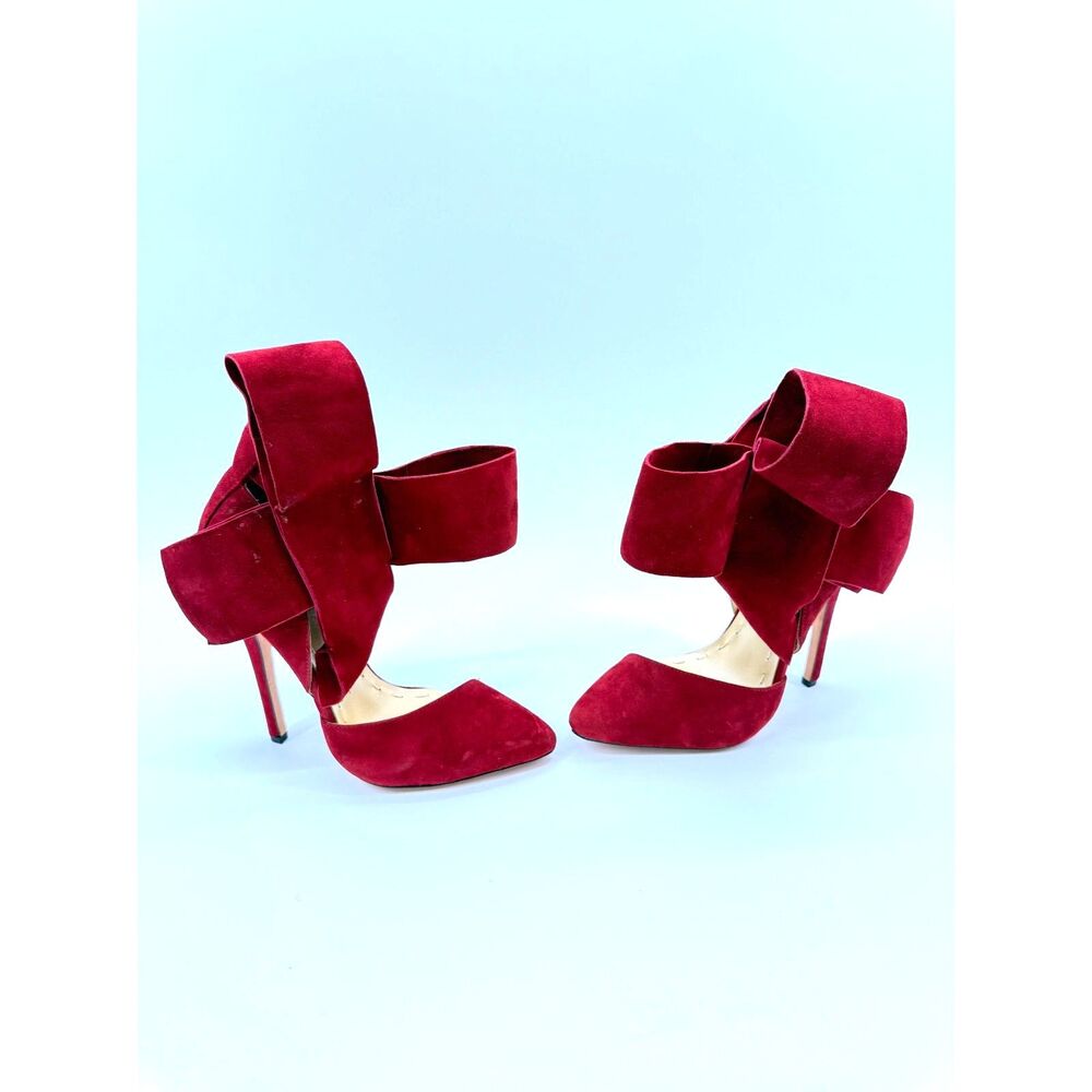 Aminah Abdul Jillil Red Suede Oversized Bow Pumps Stiletto Heels Size 6